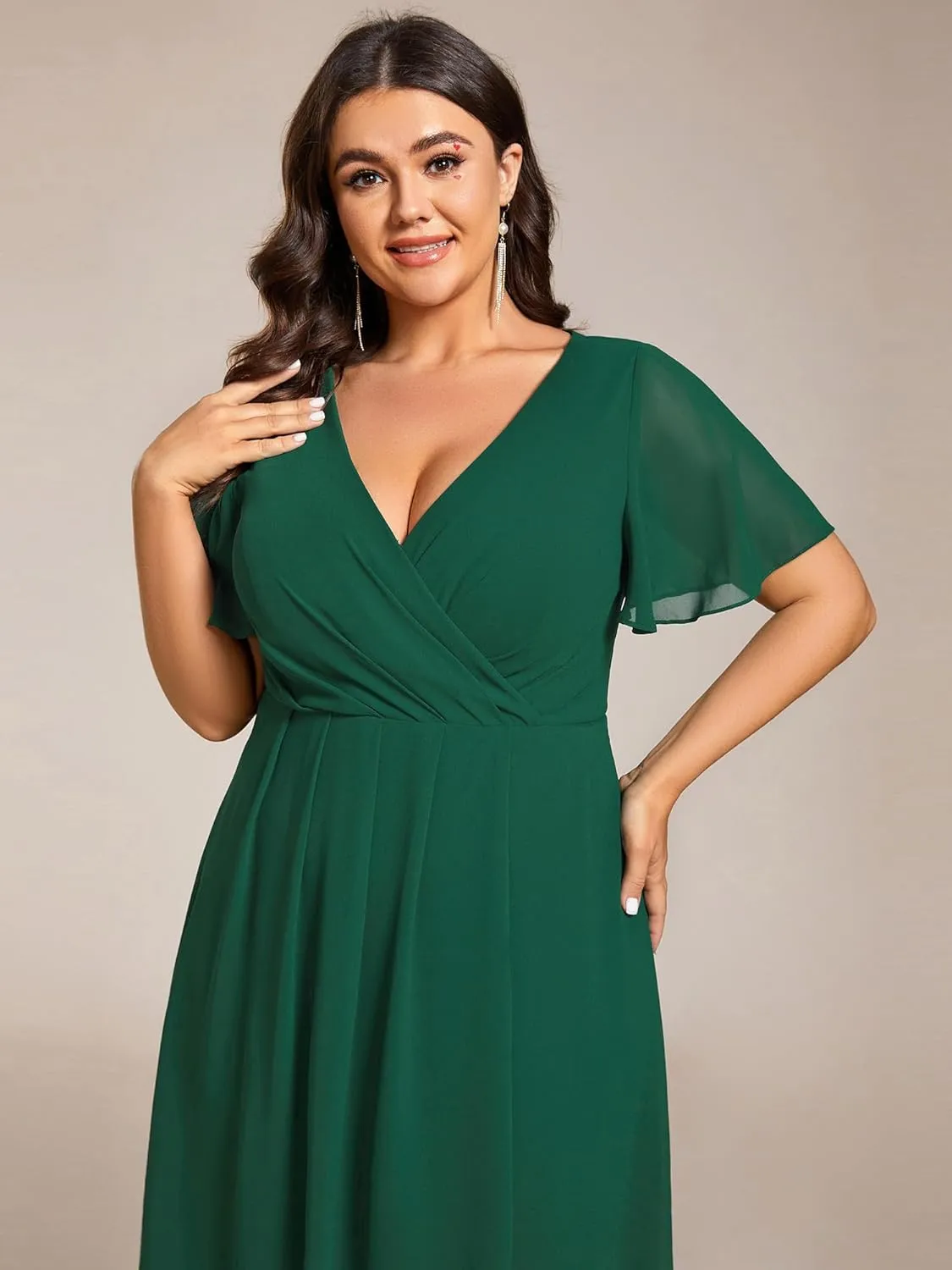 Ever-Pretty Women's V Neck Pleated Plus Size Ruffle Sleeves Chiffon High Low Formal Wedding Guest Dresses 02084-DAPH