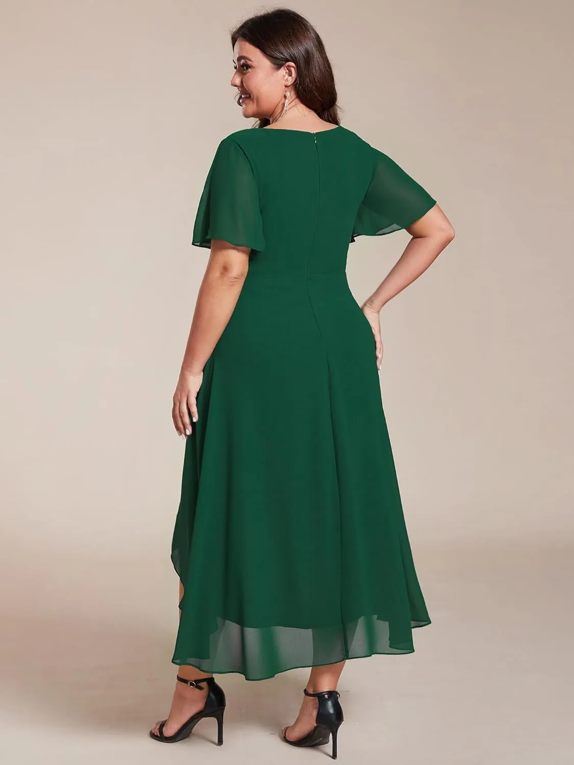 Ever-Pretty Women's V Neck Pleated Plus Size Ruffle Sleeves Chiffon High Low Formal Wedding Guest Dresses 02084-DAPH