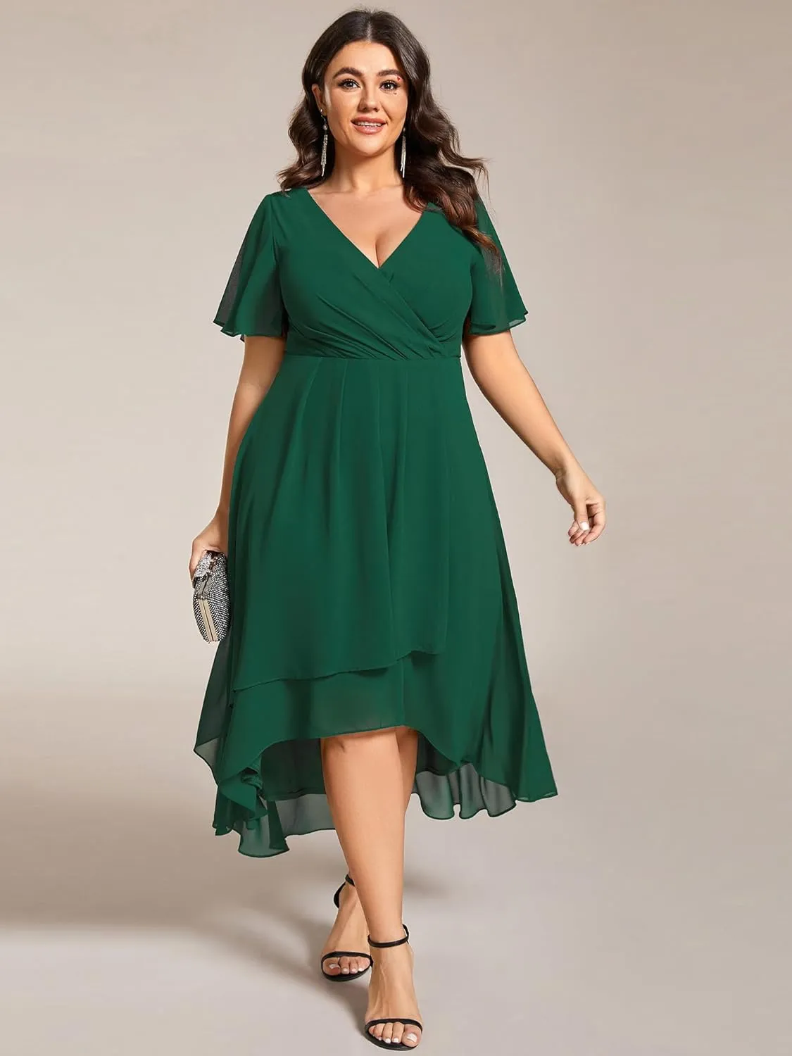 Ever-Pretty Women's V Neck Pleated Plus Size Ruffle Sleeves Chiffon High Low Formal Wedding Guest Dresses 02084-DAPH