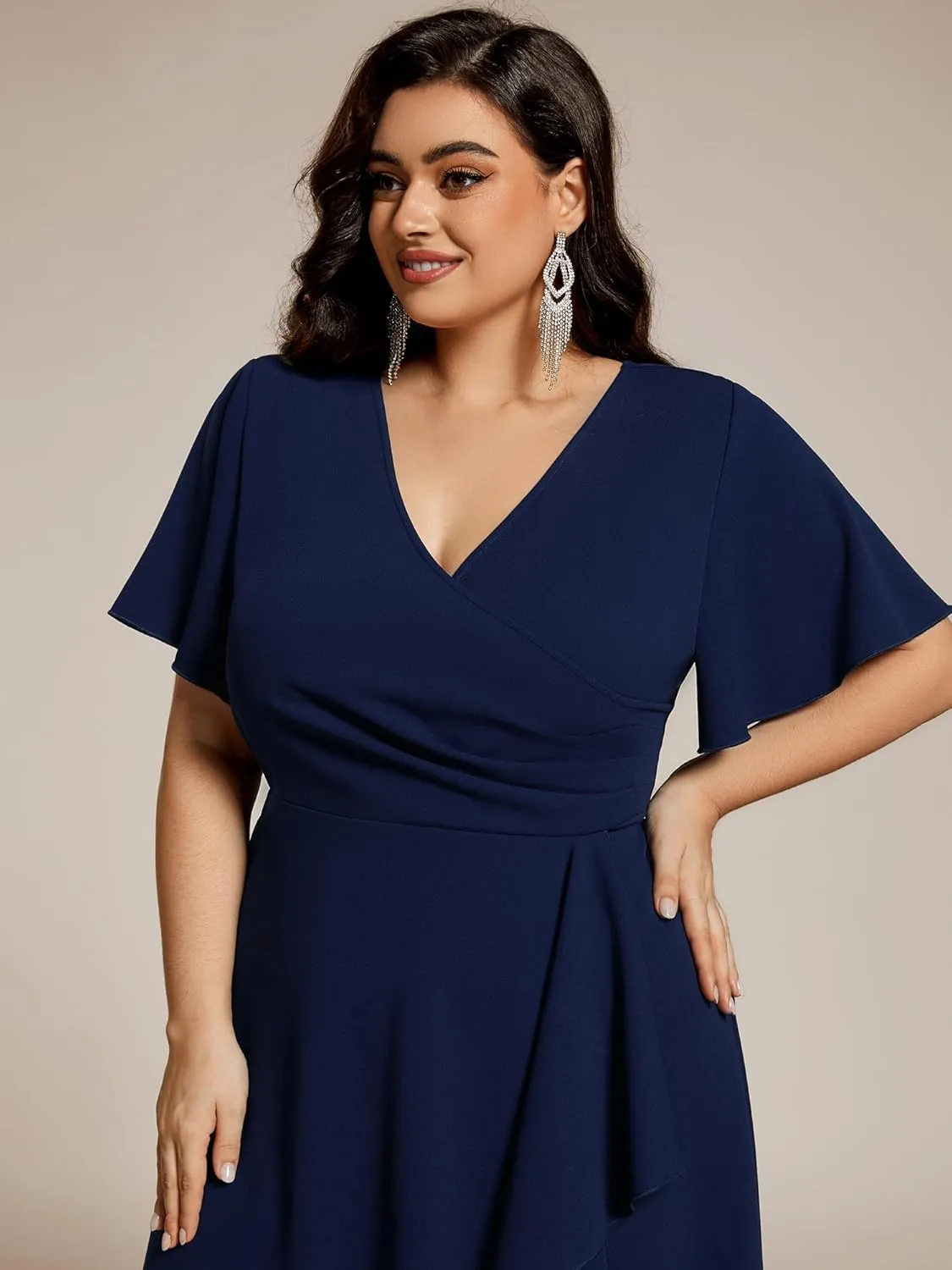 Ever-Pretty Women's V Neck Pleated Ruffles Sleeves High Low Plus Size Cocktail Dresses 02327-DA