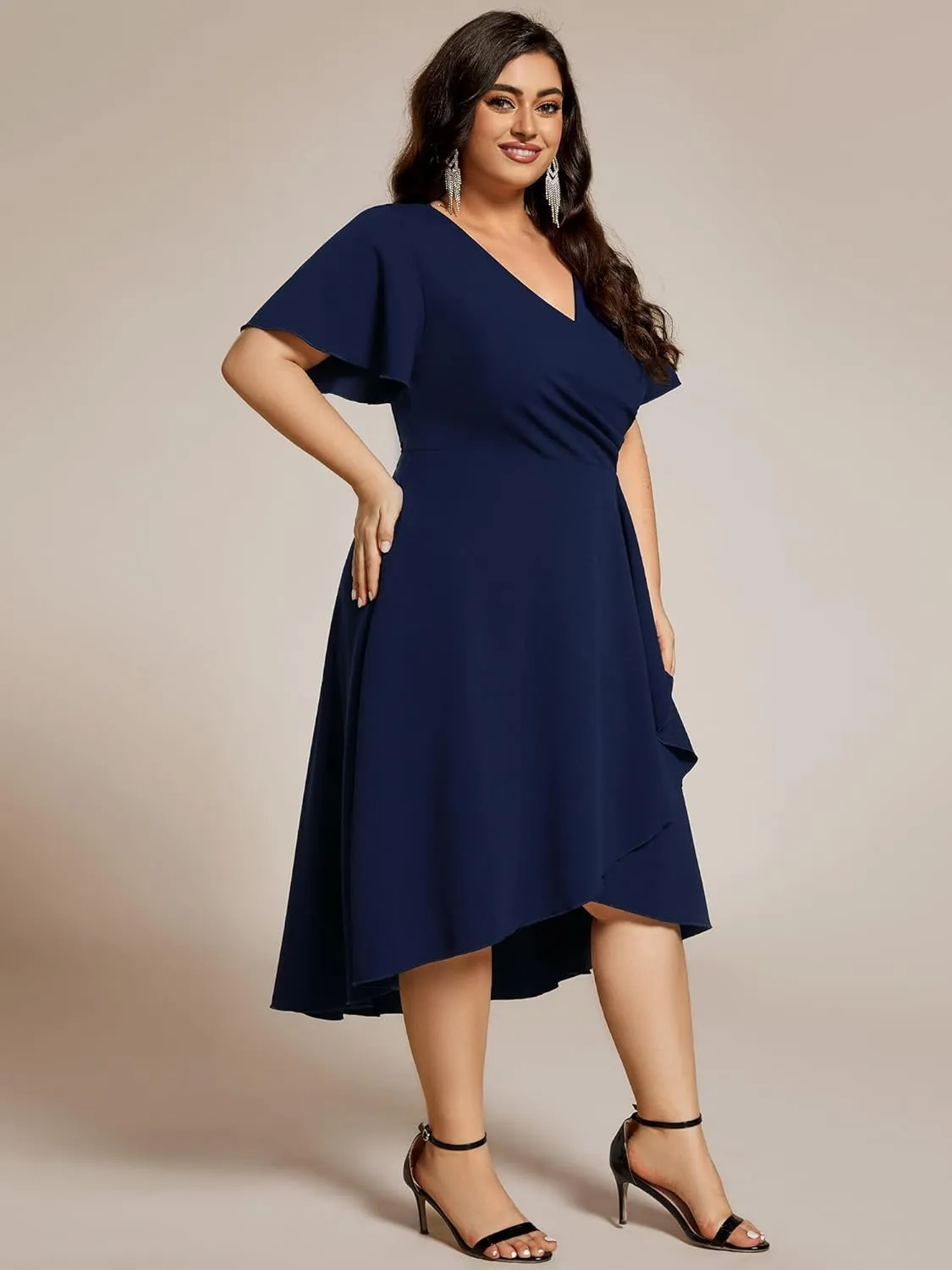 Ever-Pretty Women's V Neck Pleated Ruffles Sleeves High Low Plus Size Cocktail Dresses 02327-DA