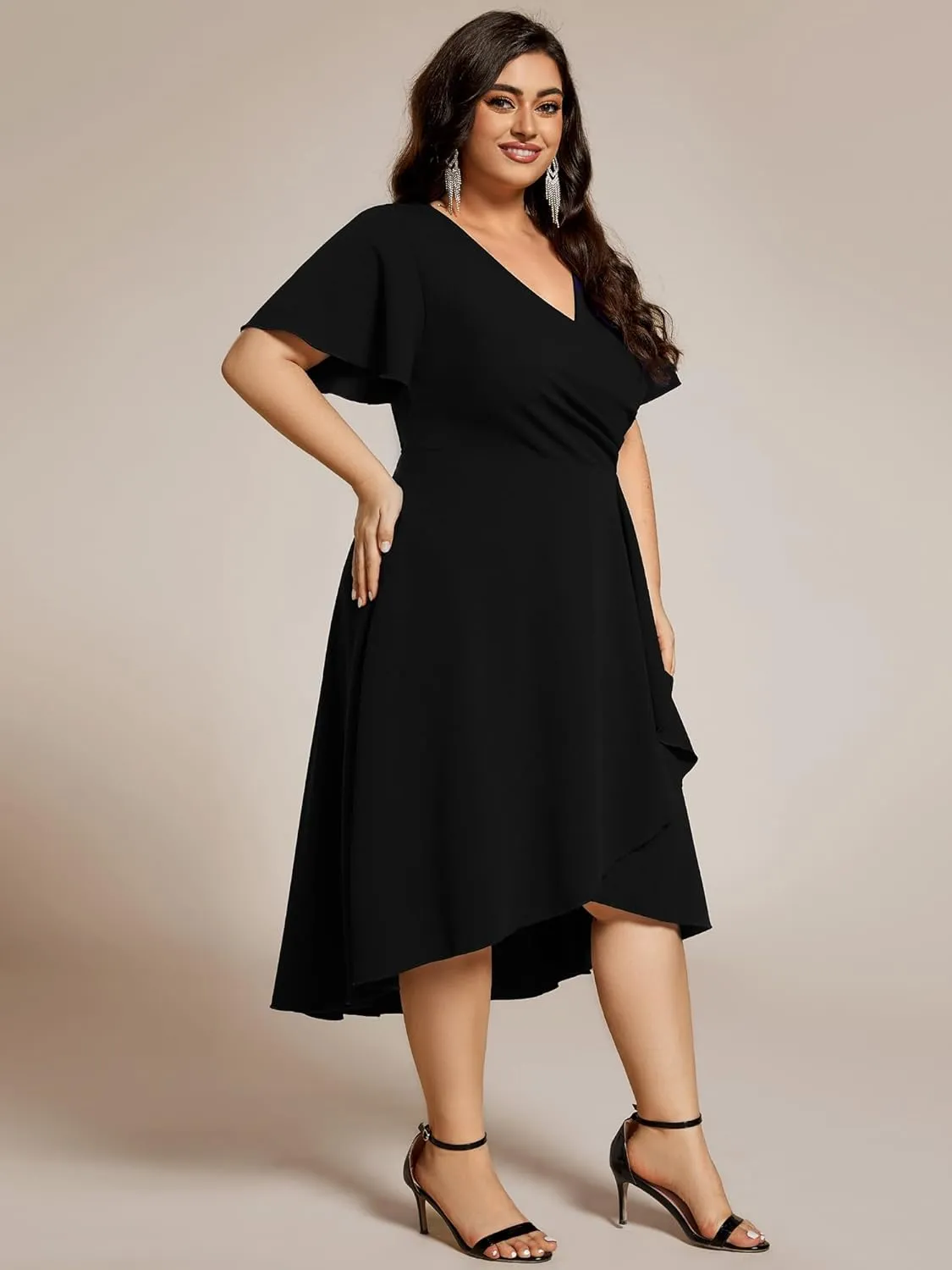 Ever-Pretty Women's V Neck Pleated Ruffles Sleeves High Low Plus Size Cocktail Dresses 02327-DA
