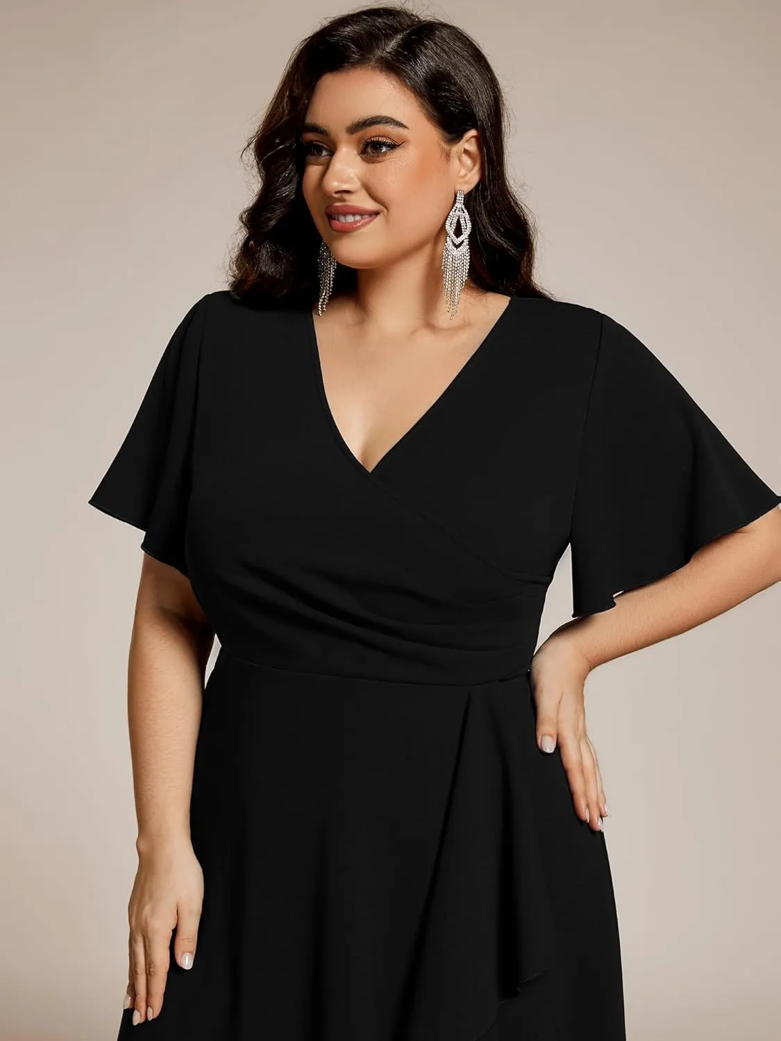 Ever-Pretty Women's V Neck Pleated Ruffles Sleeves High Low Plus Size Cocktail Dresses 02327-DA
