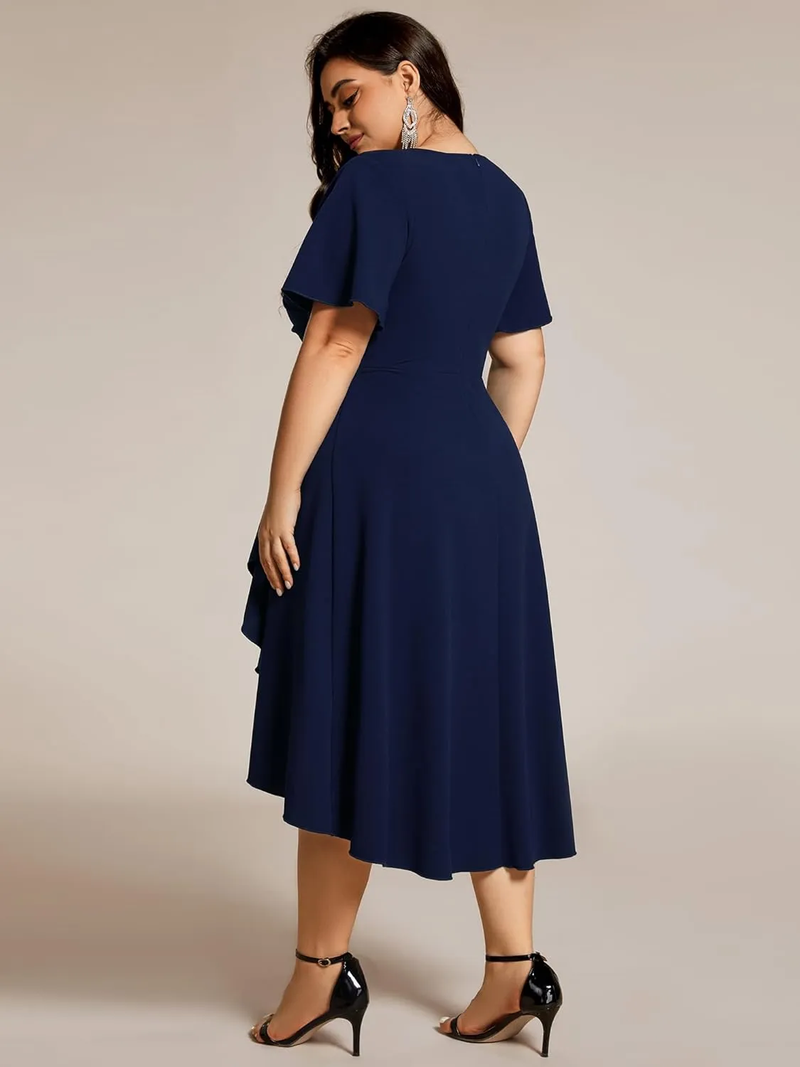 Ever-Pretty Women's V Neck Pleated Ruffles Sleeves High Low Plus Size Cocktail Dresses 02327-DA