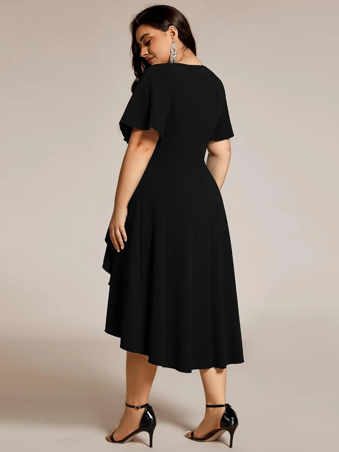 Ever-Pretty Women's V Neck Pleated Ruffles Sleeves High Low Plus Size Cocktail Dresses 02327-DA