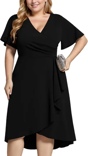 Ever-Pretty Women's V Neck Pleated Ruffles Sleeves High Low Plus Size Cocktail Dresses 02327-DA