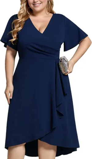 Ever-Pretty Women's V Neck Pleated Ruffles Sleeves High Low Plus Size Cocktail Dresses 02327-DA