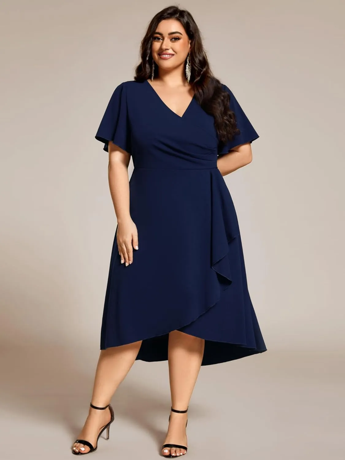 Ever-Pretty Women's V Neck Pleated Ruffles Sleeves High Low Plus Size Cocktail Dresses 02327-DA