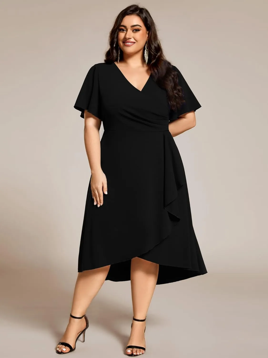 Ever-Pretty Women's V Neck Pleated Ruffles Sleeves High Low Plus Size Cocktail Dresses 02327-DA