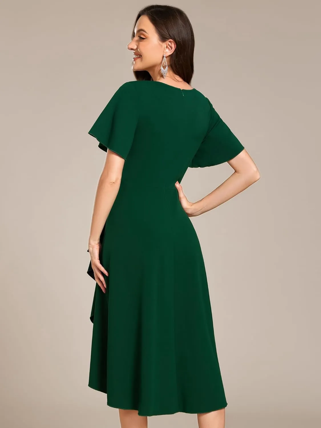 Ever-Pretty Women's V-Neck Pleated Short Ruffles Sleeves Hi-Lo Midi A Line Cocktail Dresses 02327