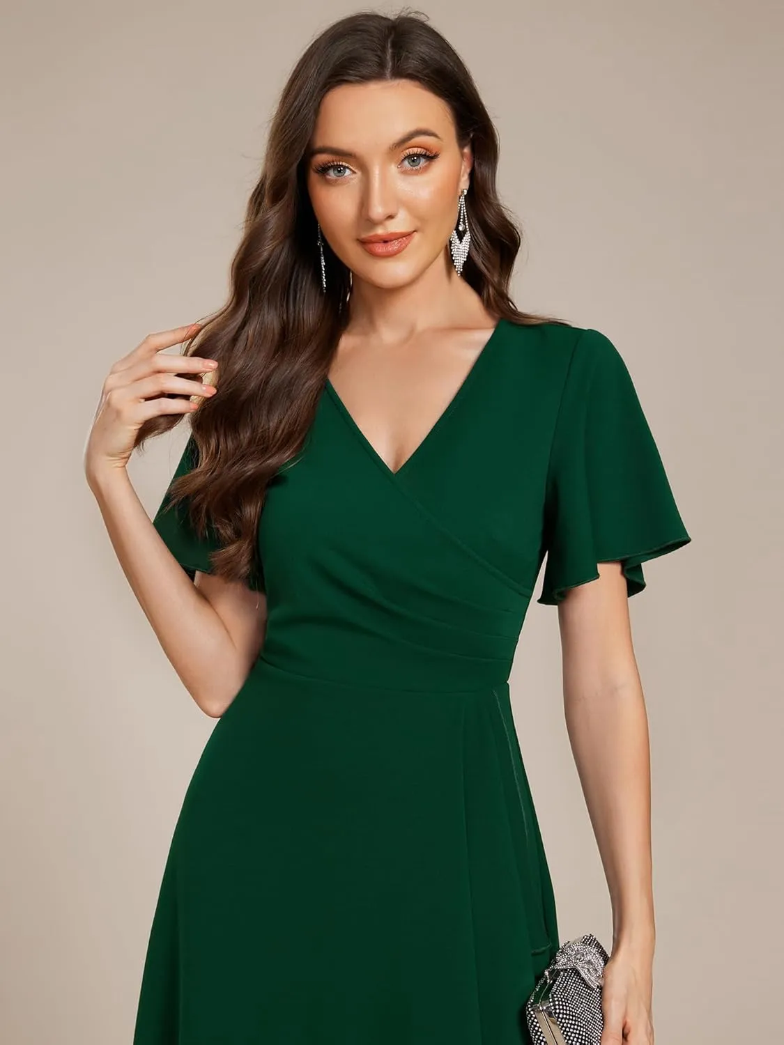 Ever-Pretty Women's V-Neck Pleated Short Ruffles Sleeves Hi-Lo Midi A Line Cocktail Dresses 02327