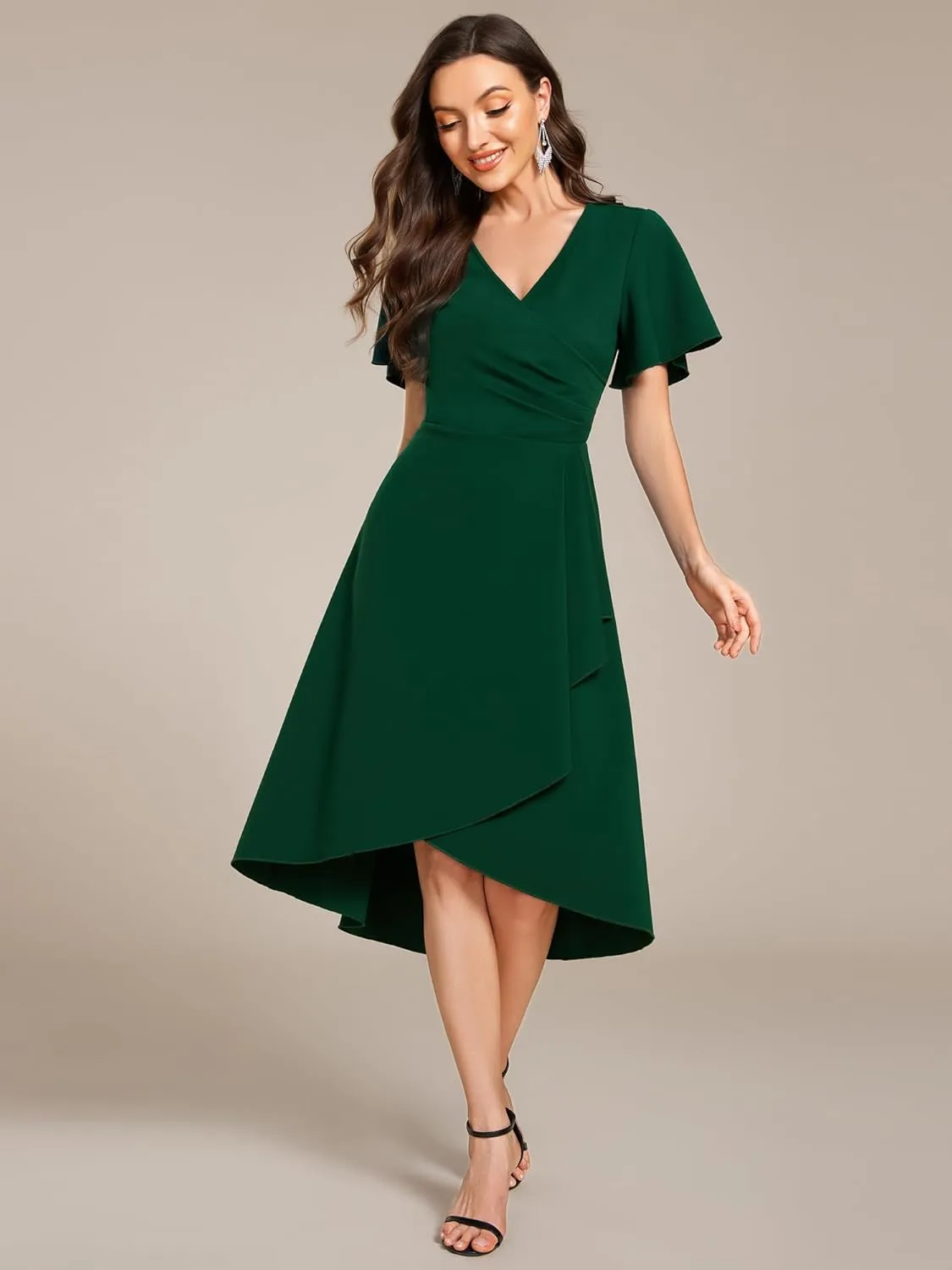 Ever-Pretty Women's V-Neck Pleated Short Ruffles Sleeves Hi-Lo Midi A Line Cocktail Dresses 02327