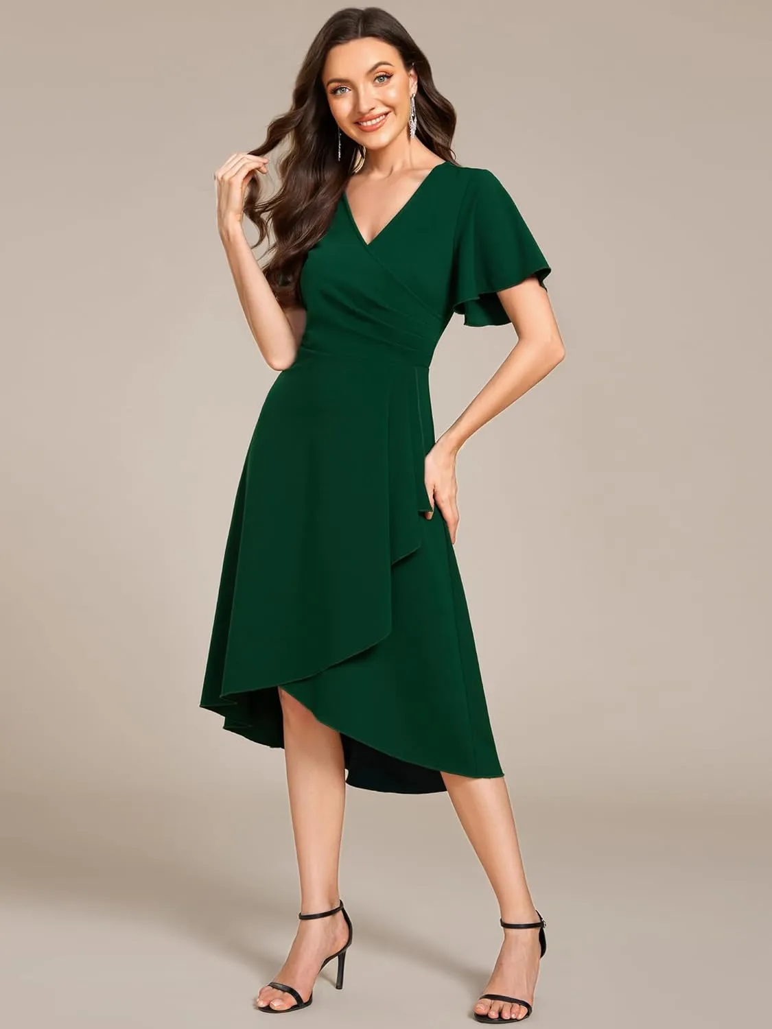 Ever-Pretty Women's V-Neck Pleated Short Ruffles Sleeves Hi-Lo Midi A Line Cocktail Dresses 02327
