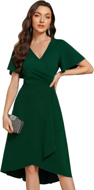 Ever-Pretty Women's V-Neck Pleated Short Ruffles Sleeves Hi-Lo Midi A Line Cocktail Dresses 02327