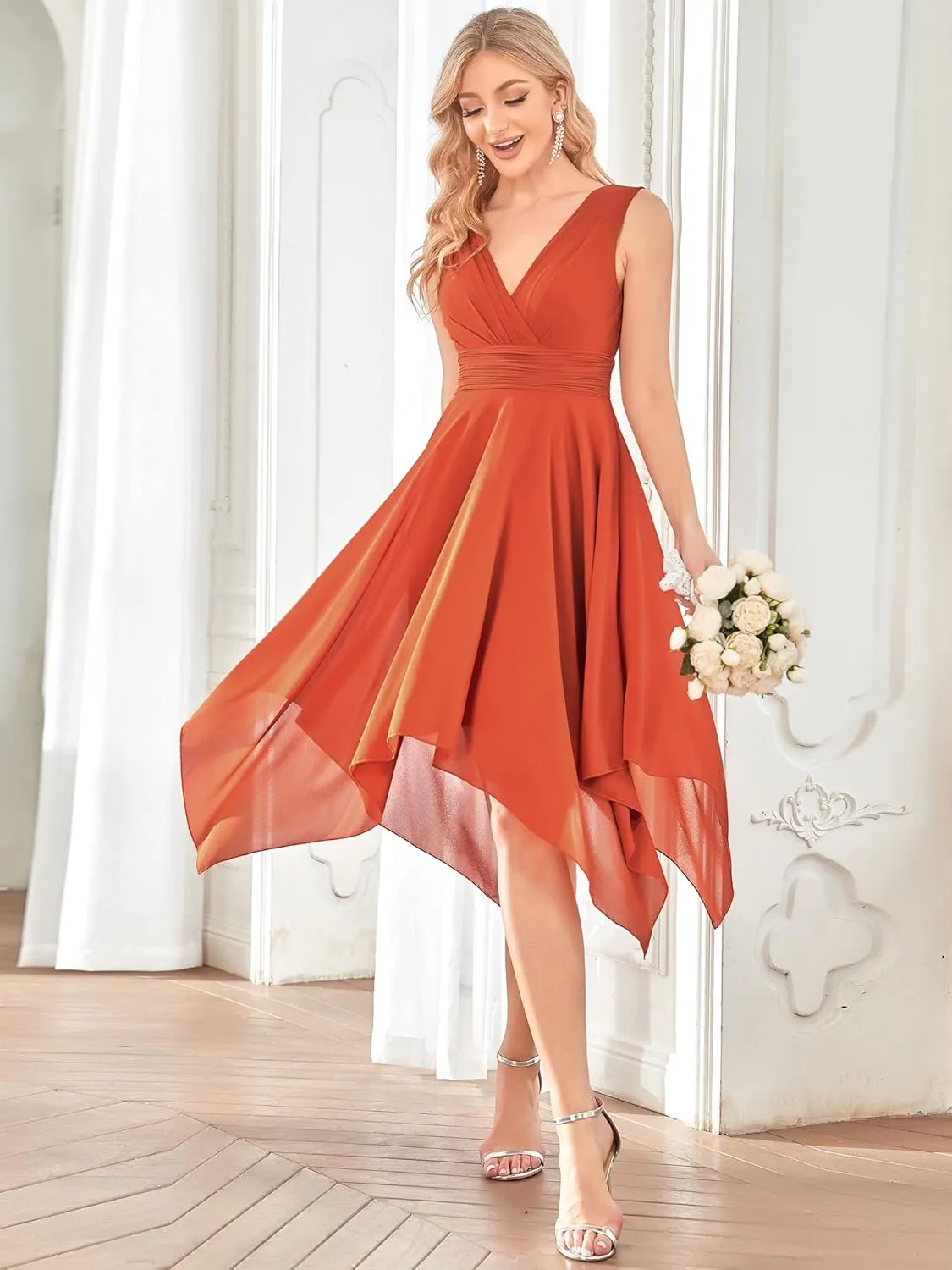Ever-Pretty Women's V Neck Pleated Waist Sleeveless Wedding Guest Dress Chiffon Irregular Hem Cocktail Dresses 03142