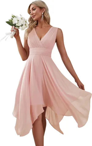Ever-Pretty Women's V Neck Pleated Waist Sleeveless Wedding Guest Dress Chiffon Irregular Hem Cocktail Dresses 03142