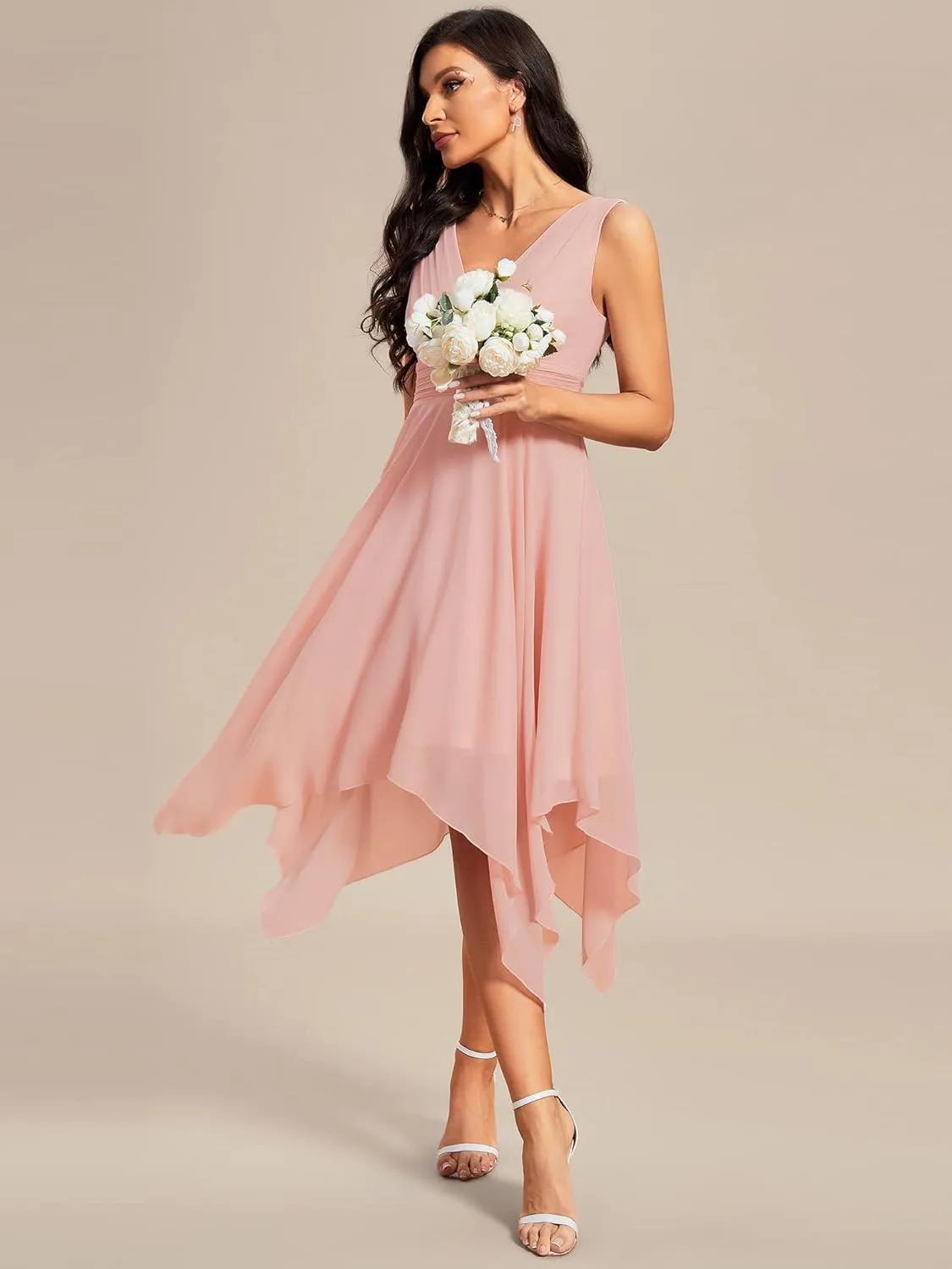 Ever-Pretty Women's V Neck Pleated Waist Sleeveless Wedding Guest Dress Chiffon Irregular Hem Cocktail Dresses 03142