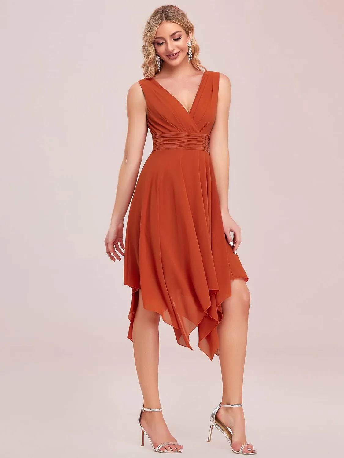Ever-Pretty Women's V Neck Pleated Waist Sleeveless Wedding Guest Dress Chiffon Irregular Hem Cocktail Dresses 03142