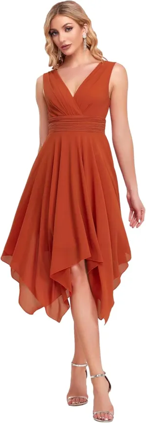 Ever-Pretty Women's V Neck Pleated Waist Sleeveless Wedding Guest Dress Chiffon Irregular Hem Cocktail Dresses 03142