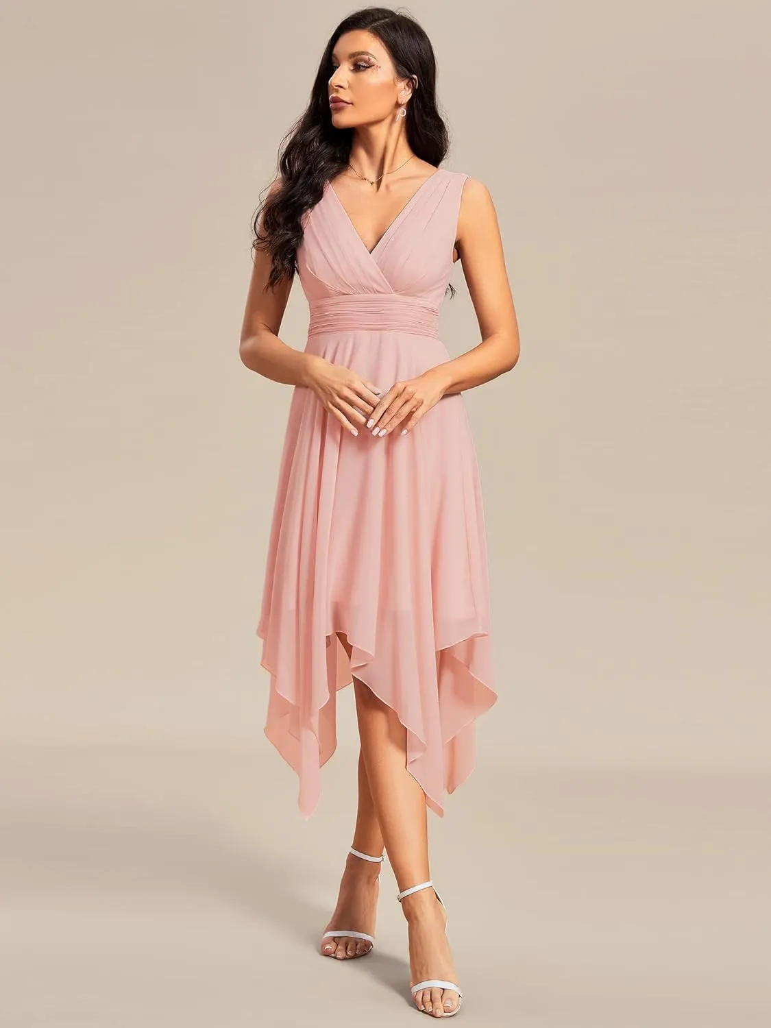Ever-Pretty Women's V Neck Pleated Waist Sleeveless Wedding Guest Dress Chiffon Irregular Hem Cocktail Dresses 03142