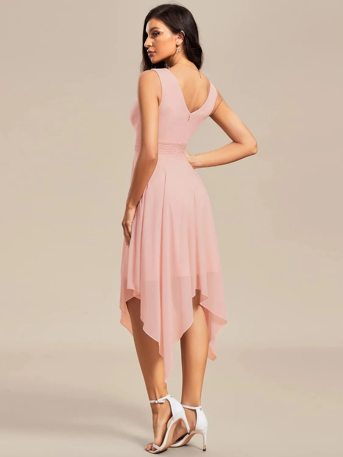 Ever-Pretty Women's V Neck Pleated Waist Sleeveless Wedding Guest Dress Chiffon Irregular Hem Cocktail Dresses 03142