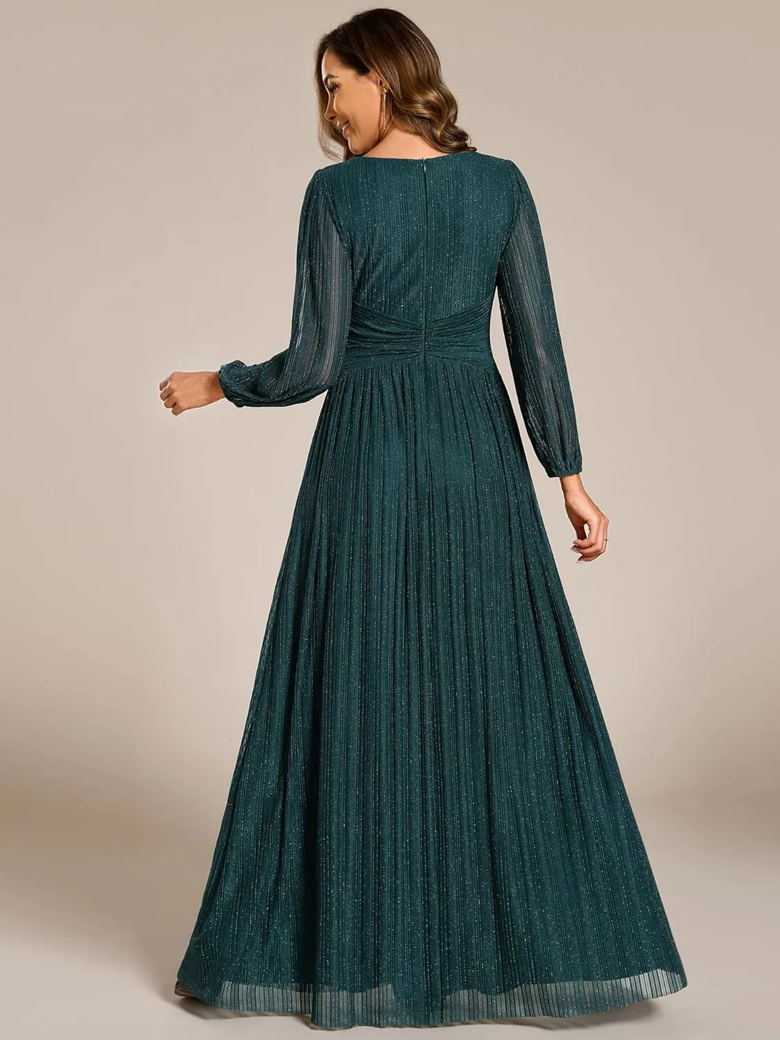Ever-Pretty Women's V Neck Ruched High Waist Long Sleeves Floor Length Glitter Evening Dresses 01961