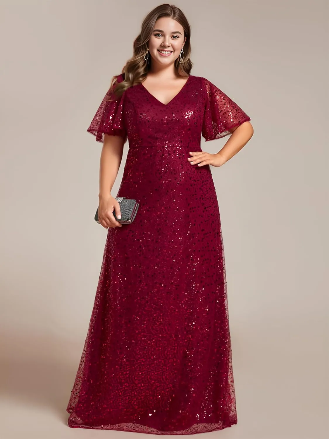 Ever-Pretty Women's V Neck Sequin Short Sleeves A Line Ball Gown Plus Size Formal Evening Dresses