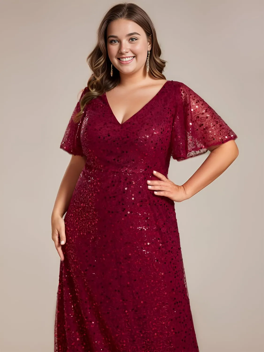 Ever-Pretty Women's V Neck Sequin Short Sleeves A Line Ball Gown Plus Size Formal Evening Dresses