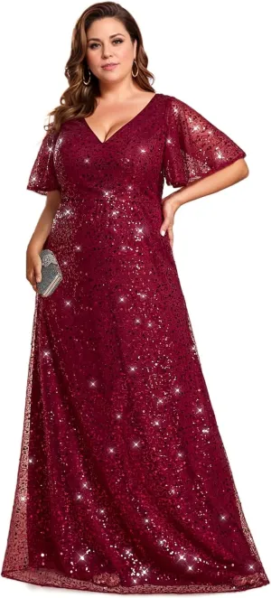 Ever-Pretty Women's V Neck Sequin Short Sleeves A Line Ball Gown Plus Size Formal Evening Dresses