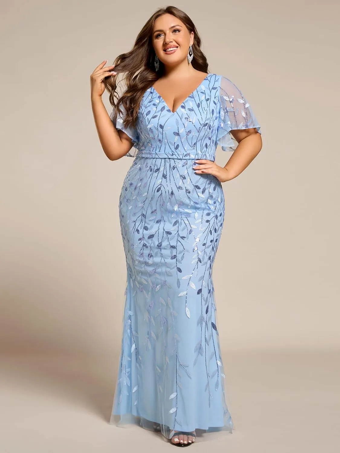 Ever-Pretty Women's V Neck Sequin Short Sleeves A Line Ball Gown Plus Size Formal Evening Dresses