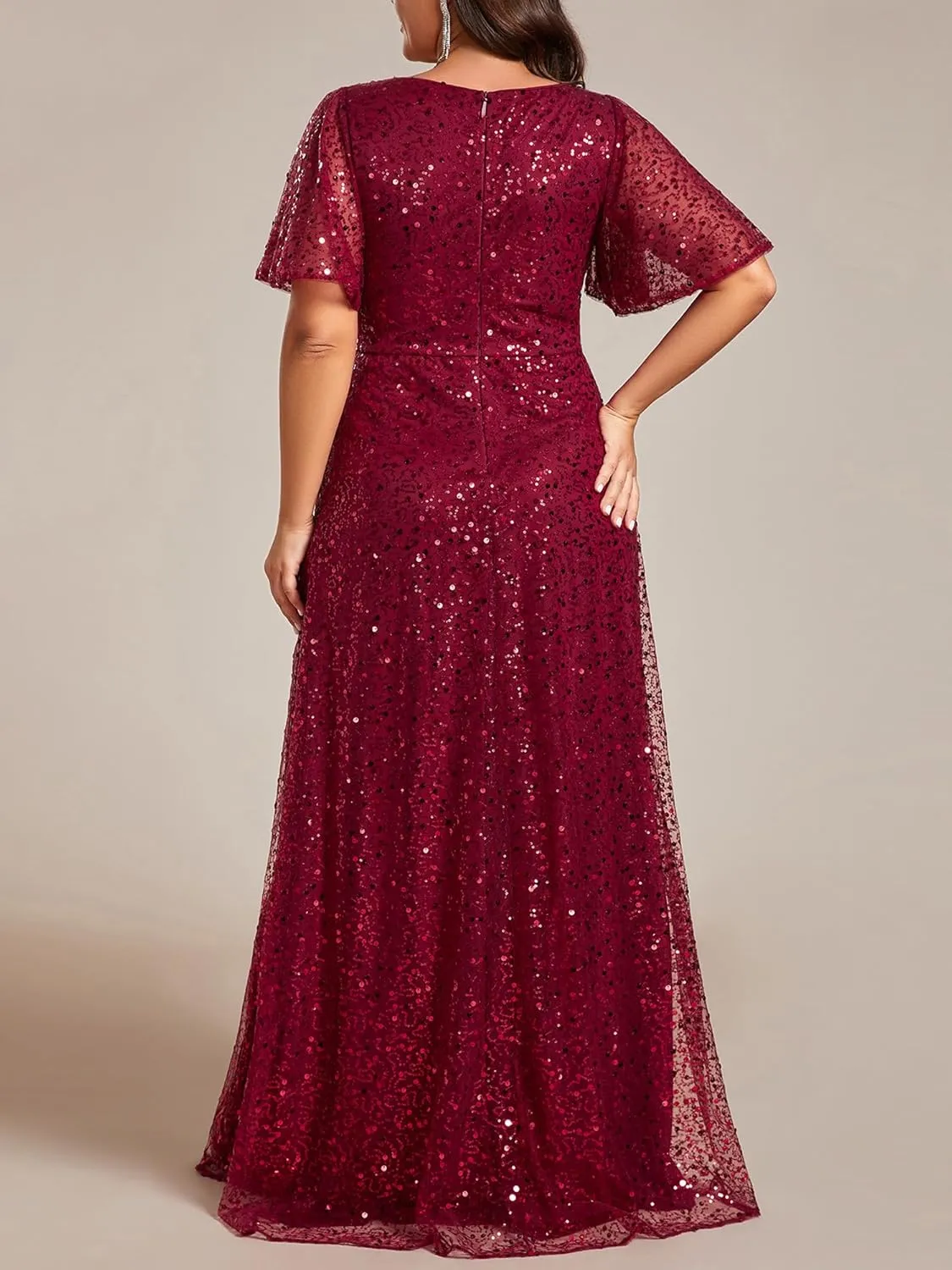 Ever-Pretty Women's V Neck Sequin Short Sleeves A Line Ball Gown Plus Size Formal Evening Dresses