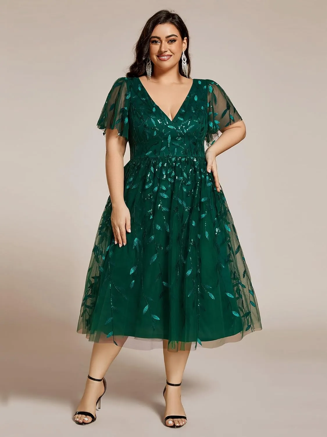 Ever-Pretty Women's V Neck Short Sleeves Embroidery Empire Waist Sequin Plus Size Midi Cocktail Wedding Guest Dresses 2230-DA