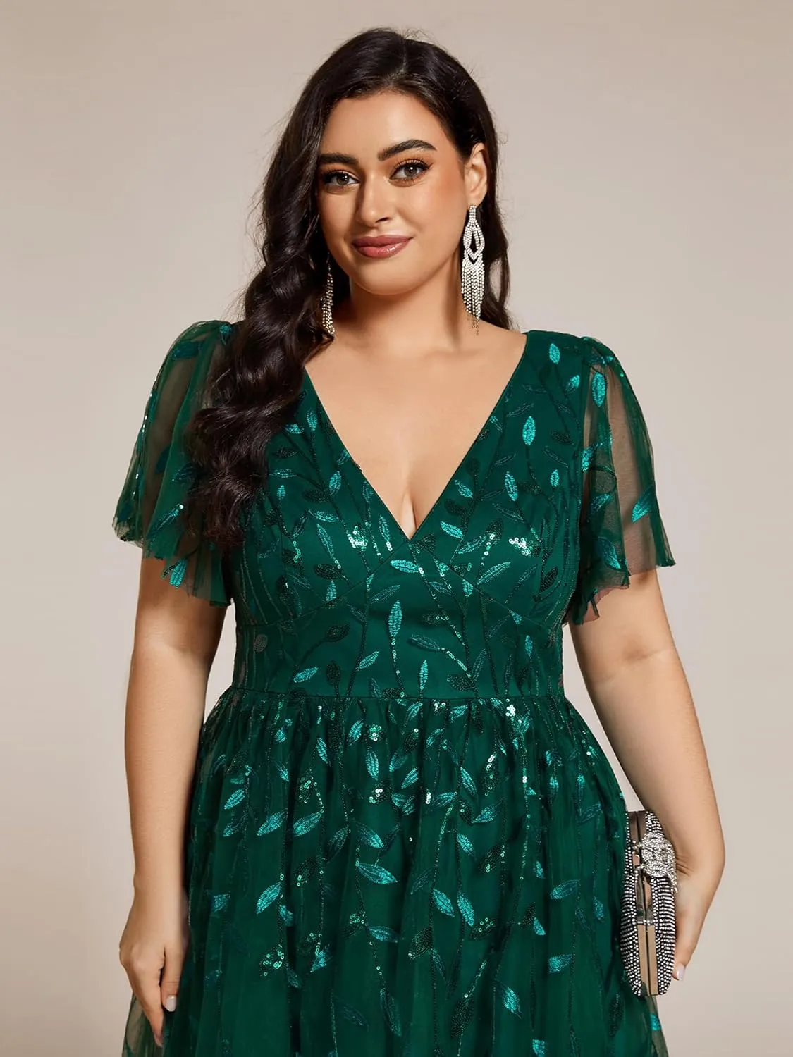Ever-Pretty Women's V Neck Short Sleeves Embroidery Empire Waist Sequin Plus Size Midi Cocktail Wedding Guest Dresses 2230-DA