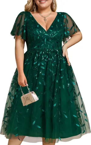 Ever-Pretty Women's V Neck Short Sleeves Embroidery Empire Waist Sequin Plus Size Midi Cocktail Wedding Guest Dresses 2230-DA