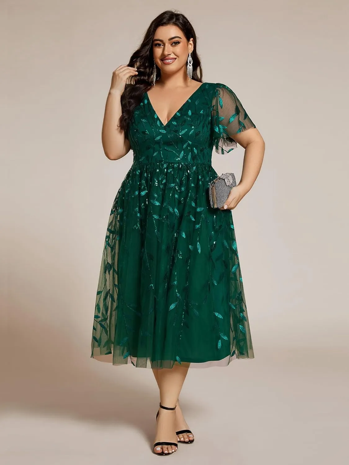 Ever-Pretty Women's V Neck Short Sleeves Embroidery Empire Waist Sequin Plus Size Midi Cocktail Wedding Guest Dresses 2230-DA