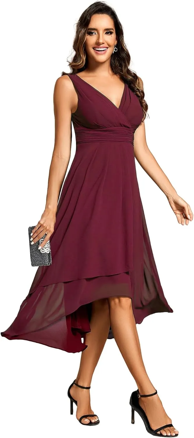 Ever-Pretty Women's V Neck Sleeveless Empire Waist Semi Formal Dress Pleated Chiffon Wedding Guest Dresses 61926