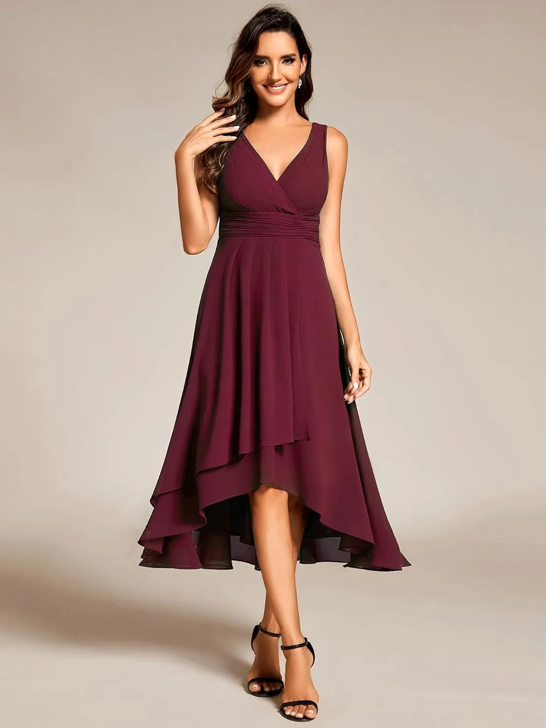 Ever-Pretty Women's V Neck Sleeveless Empire Waist Semi Formal Dress Pleated Chiffon Wedding Guest Dresses 61926