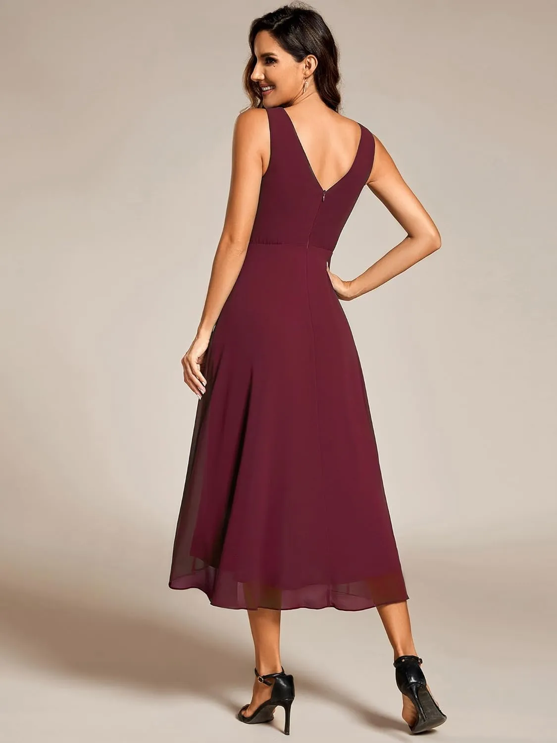 Ever-Pretty Women's V Neck Sleeveless Empire Waist Semi Formal Dress Pleated Chiffon Wedding Guest Dresses 61926