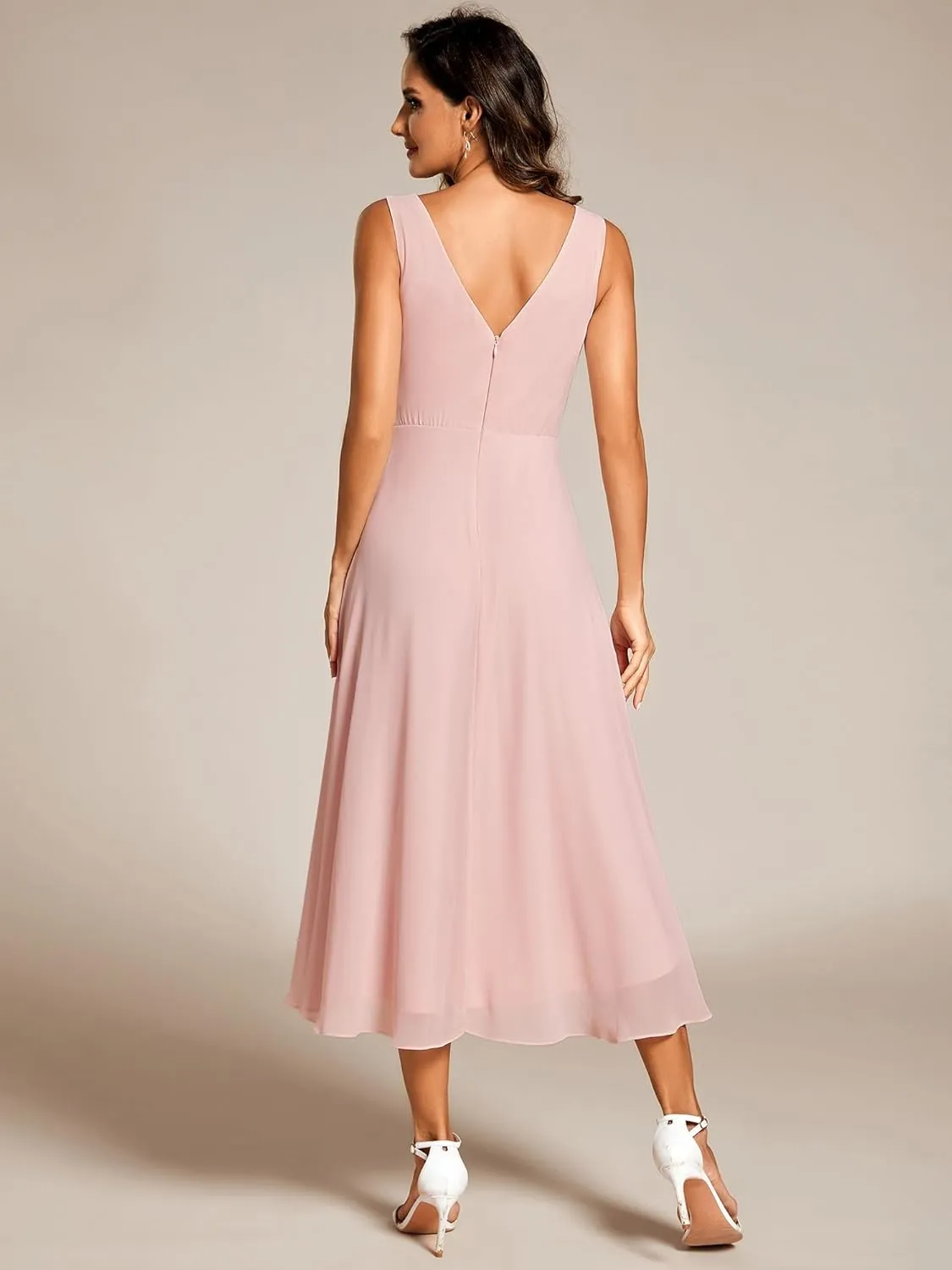 Ever-Pretty Women's V Neck Sleeveless Empire Waist Semi Formal Dress Pleated Chiffon Wedding Guest Dresses 61926