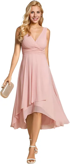 Ever-Pretty Women's V Neck Sleeveless Empire Waist Semi Formal Dress Pleated Chiffon Wedding Guest Dresses 61926
