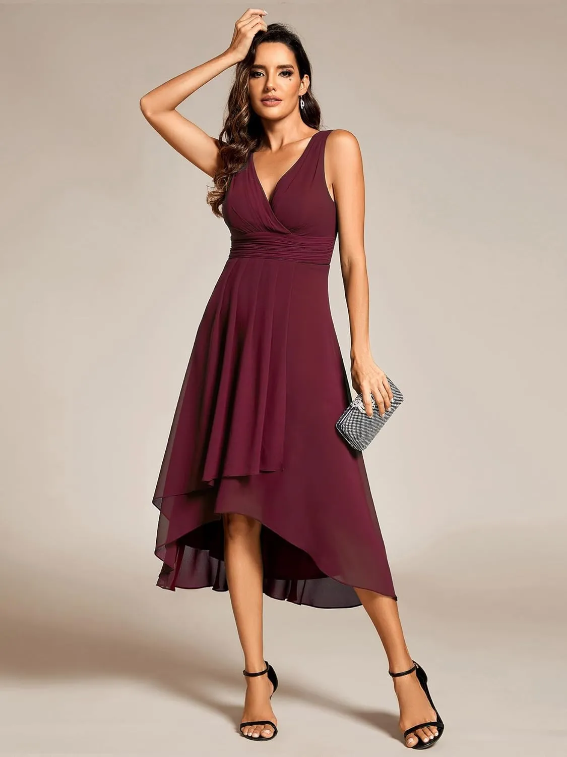 Ever-Pretty Women's V Neck Sleeveless Empire Waist Semi Formal Dress Pleated Chiffon Wedding Guest Dresses 61926