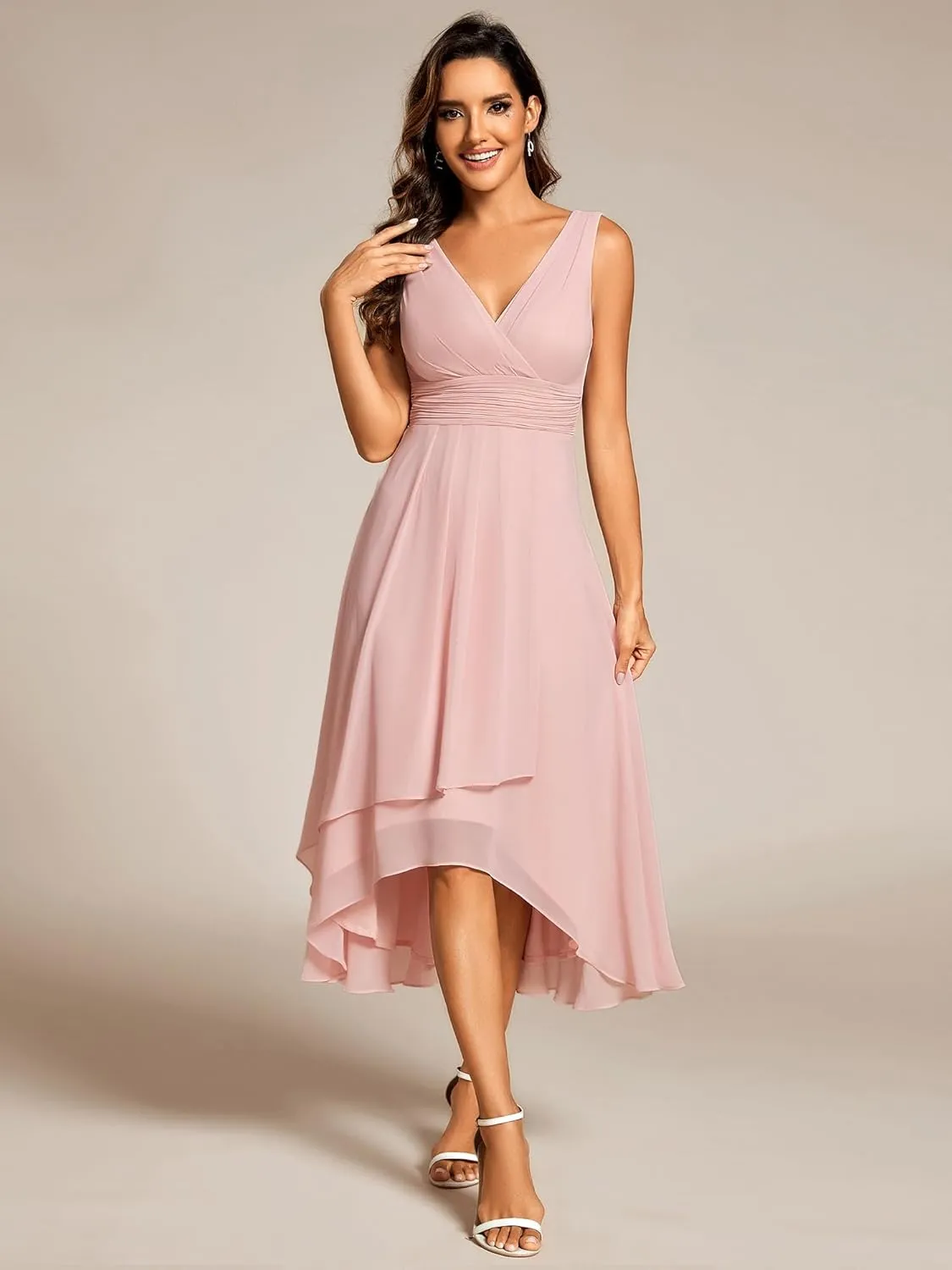 Ever-Pretty Women's V Neck Sleeveless Empire Waist Semi Formal Dress Pleated Chiffon Wedding Guest Dresses 61926