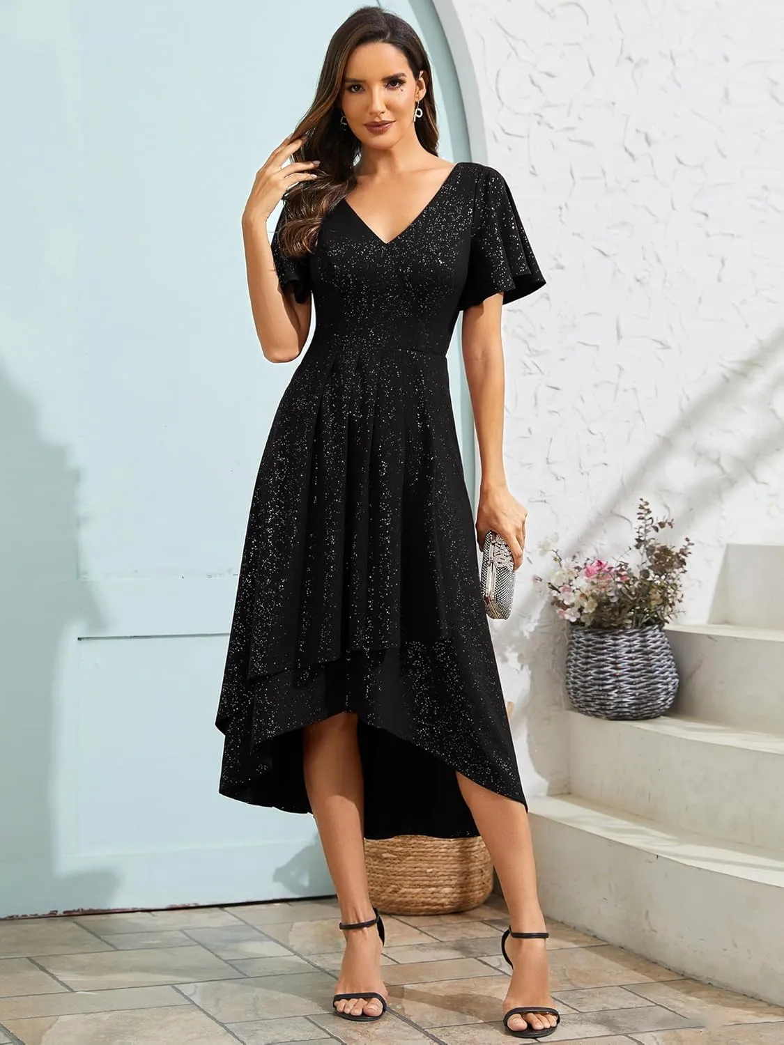 Ever-Pretty Women's Wedding Guest Dress Double V Neck Ruffle Sleeves High Low Glitter Midi Semi Formal Dresses 71926