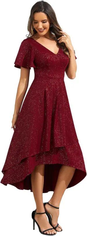 Ever-Pretty Women's Wedding Guest Dress Double V Neck Ruffle Sleeves High Low Glitter Midi Semi Formal Dresses 71926