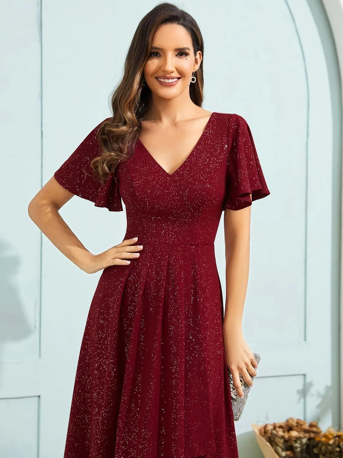 Ever-Pretty Women's Wedding Guest Dress Double V Neck Ruffle Sleeves High Low Glitter Midi Semi Formal Dresses 71926