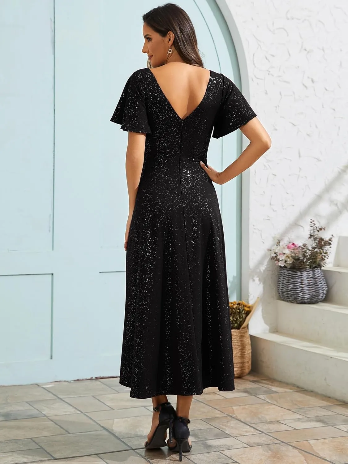 Ever-Pretty Women's Wedding Guest Dress Double V Neck Ruffle Sleeves High Low Glitter Midi Semi Formal Dresses 71926