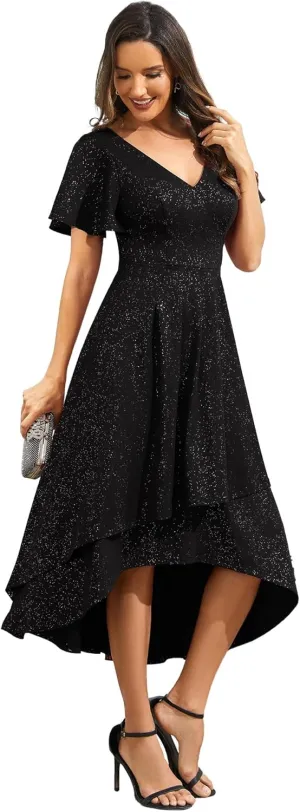 Ever-Pretty Women's Wedding Guest Dress Double V Neck Ruffle Sleeves High Low Glitter Midi Semi Formal Dresses 71926
