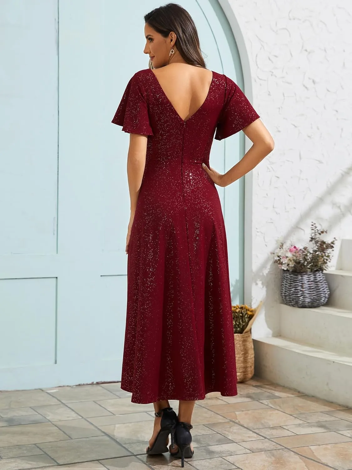 Ever-Pretty Women's Wedding Guest Dress Double V Neck Ruffle Sleeves High Low Glitter Midi Semi Formal Dresses 71926