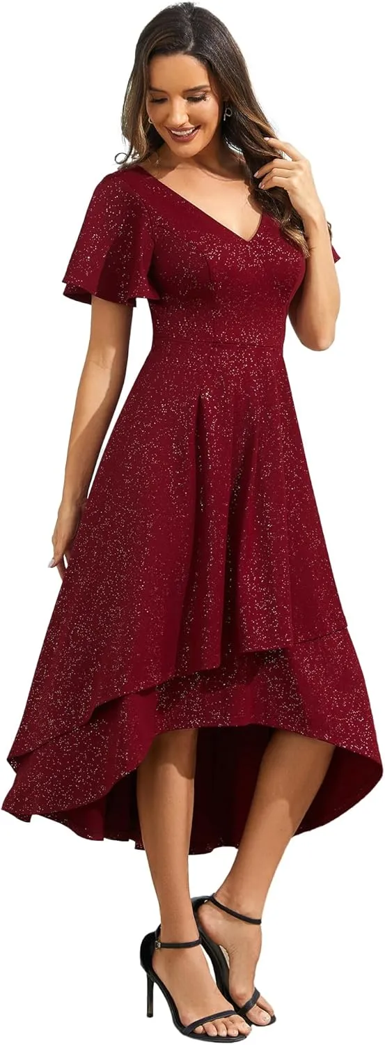 Ever-Pretty Women's Wedding Guest Dress Double V Neck Ruffle Sleeves High Low Glitter Midi Semi Formal Dresses 71926