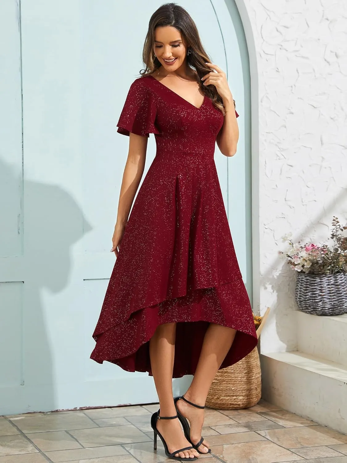 Ever-Pretty Women's Wedding Guest Dress Double V Neck Ruffle Sleeves High Low Glitter Midi Semi Formal Dresses 71926